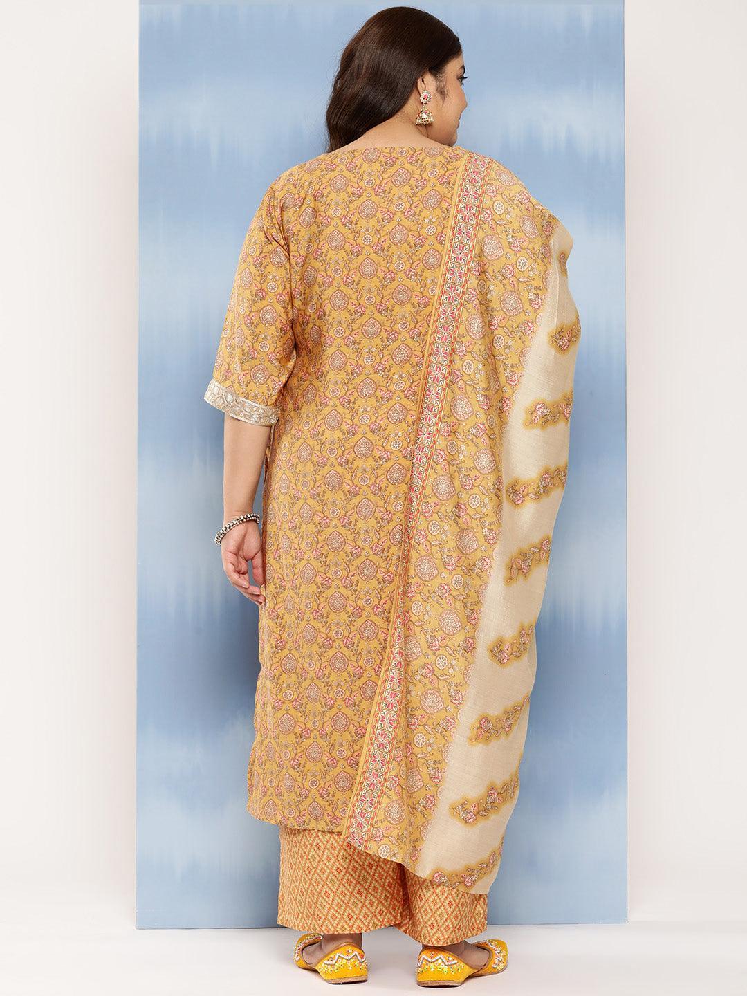 Mustard Printed Silk Blend Straight Kurta With Trousers and Dupatta - Libas