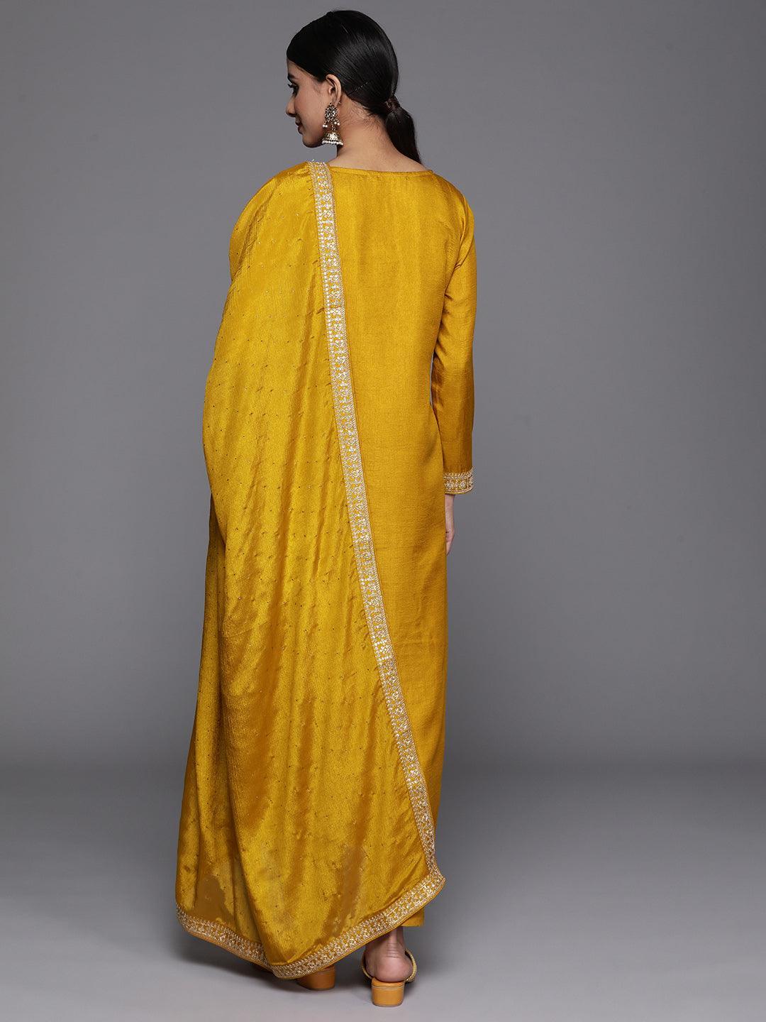 Mustard Printed Silk Blend Straight Kurta With Trousers & Dupatta