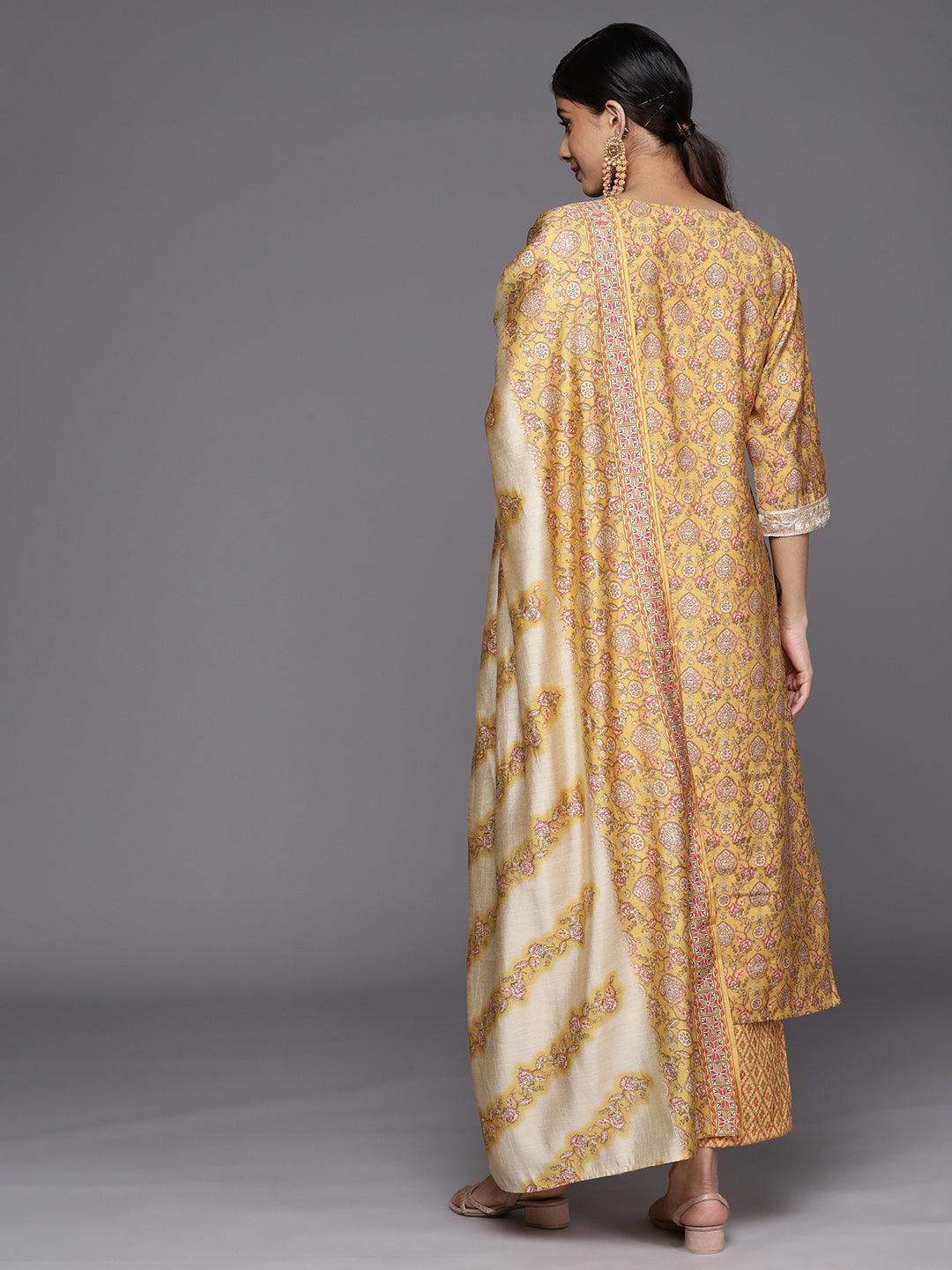 Mustard Printed Silk Blend Straight Suit Set With Trousers