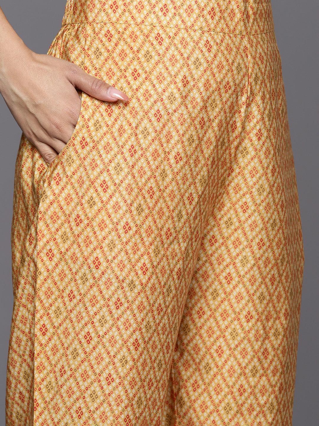 Mustard Printed Silk Blend Straight Suit Set With Trousers