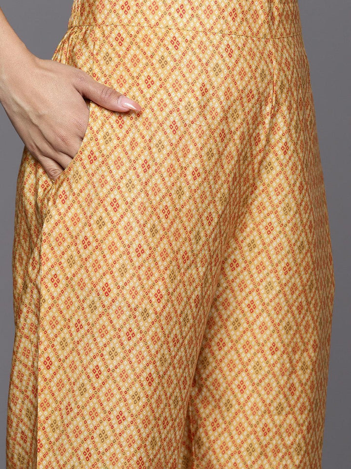 Mustard Printed Silk Blend Straight Suit Set With Trousers - ShopLibas