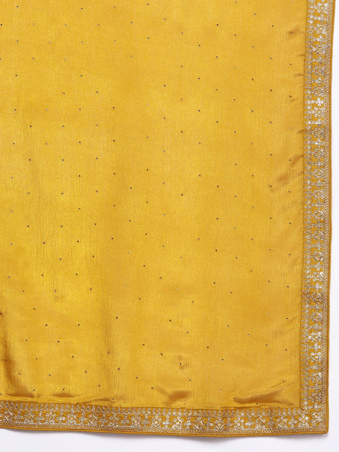 Mustard Printed Silk Blend Straight Kurta With Trousers & Dupatta