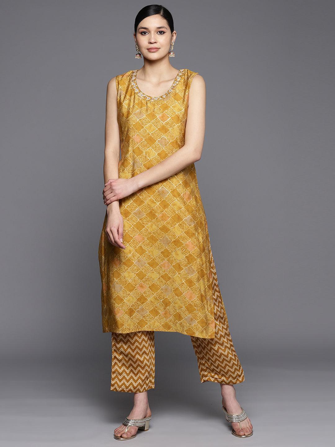 Mustard Printed Silk Blend Straight Kurta Set With Trousers - ShopLibas