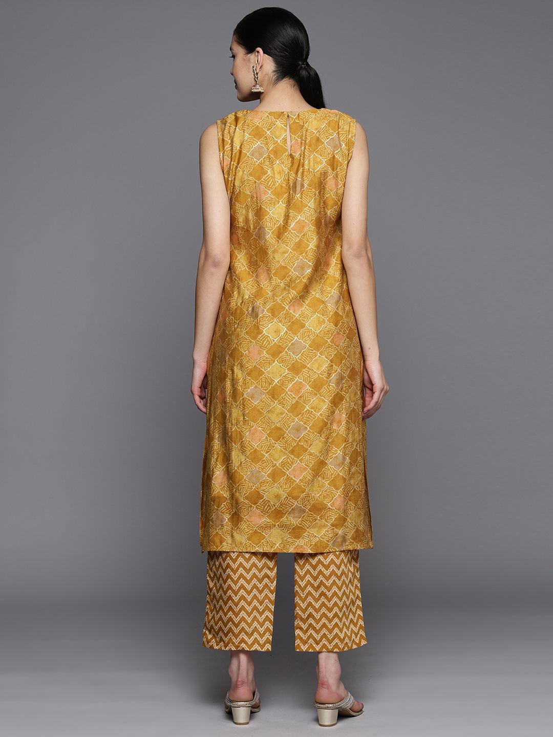 Mustard Printed Silk Blend Straight Kurta Set With Trousers - ShopLibas