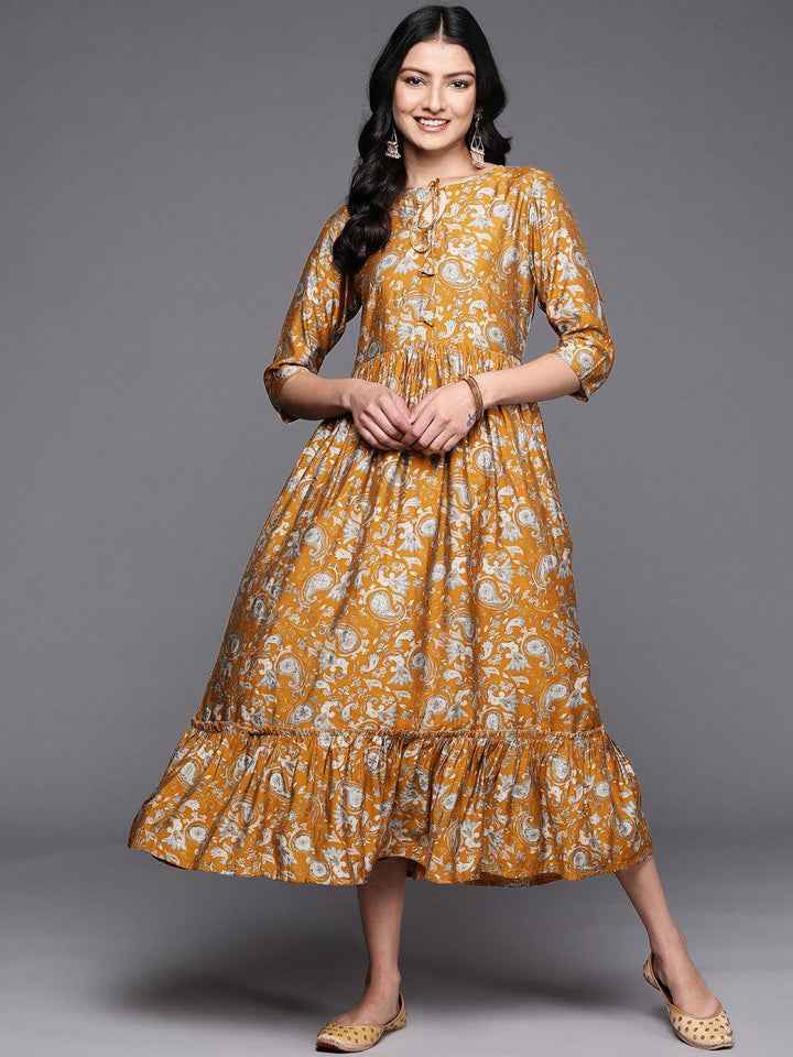 Mustard Printed Silk Fit and Flare Dress - ShopLibas