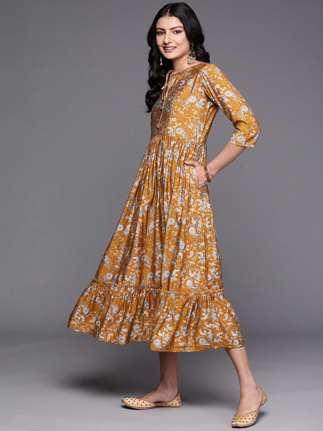 Mustard Printed Silk Fit and Flare Dress