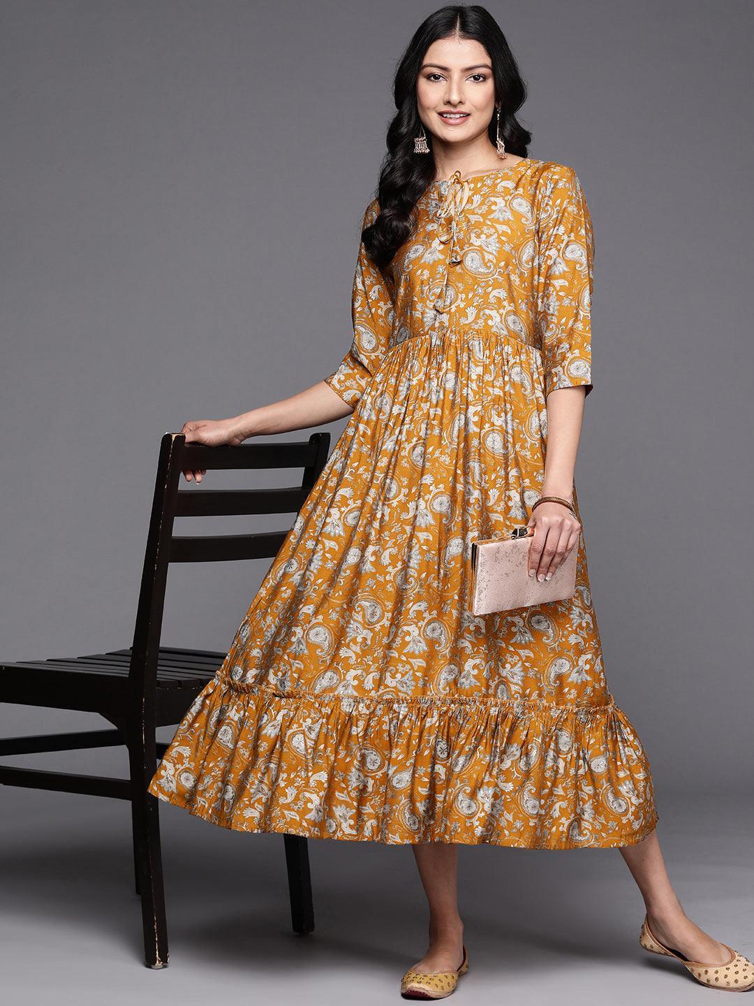 Mustard Printed Silk Fit and Flare Dress - ShopLibas