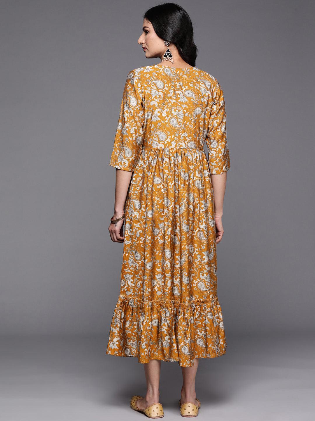 Mustard Printed Silk Fit and Flare Dress - ShopLibas