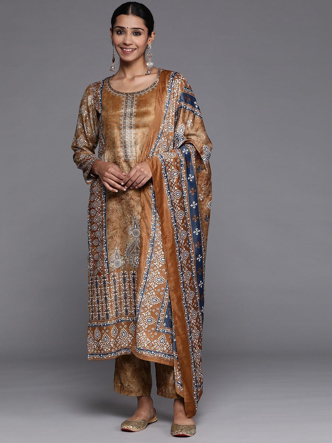 Mustard Printed Velvet Straight Kurta With Dupatta