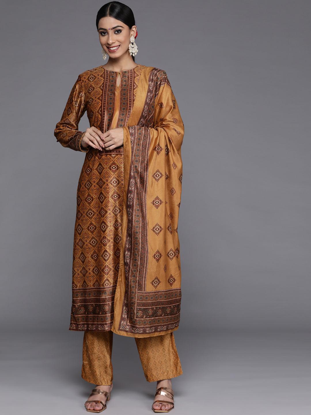 Mustard Printed Velvet Straight Kurta With Dupatta