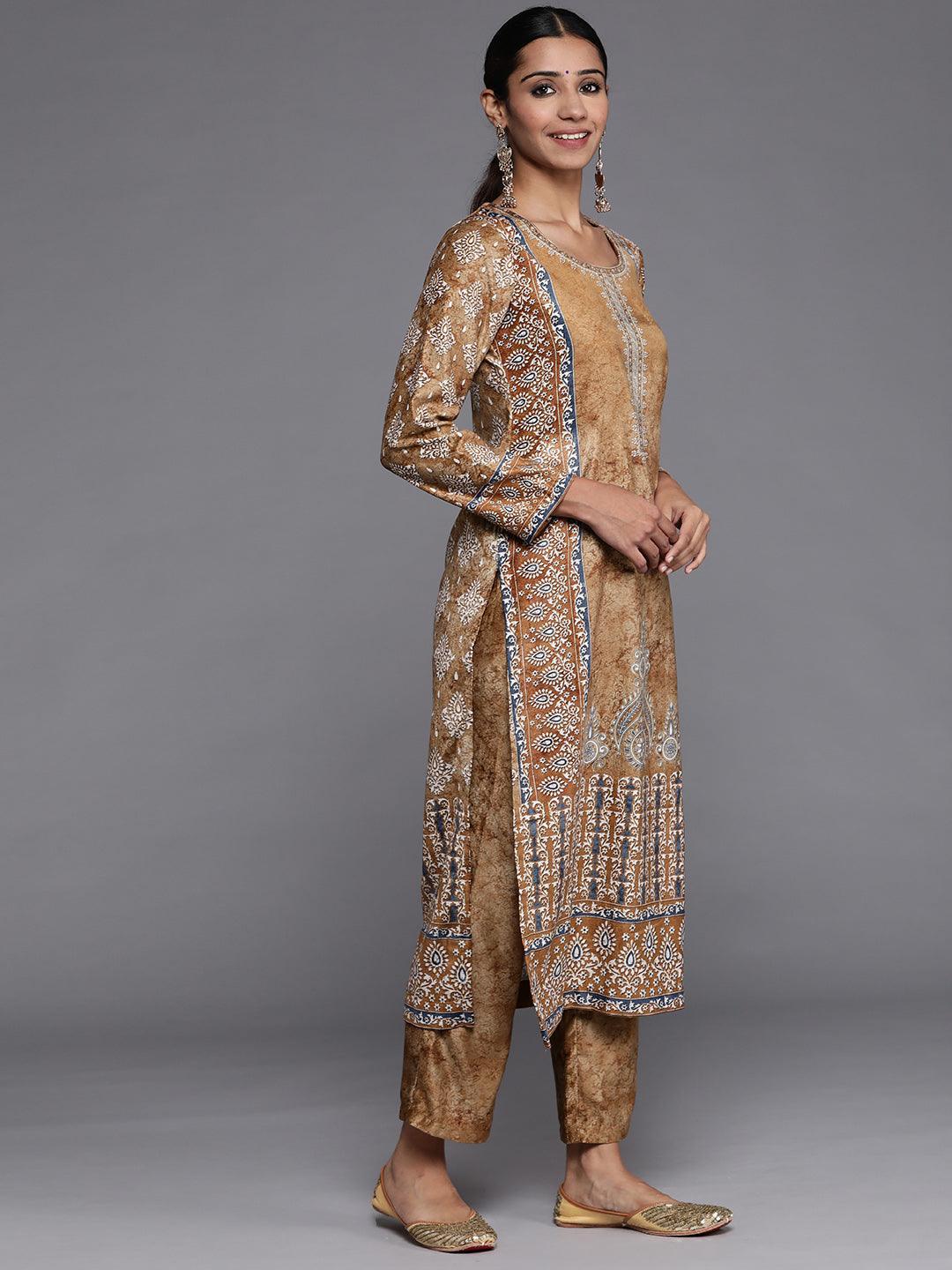 Mustard Printed Velvet Straight Kurta With Dupatta