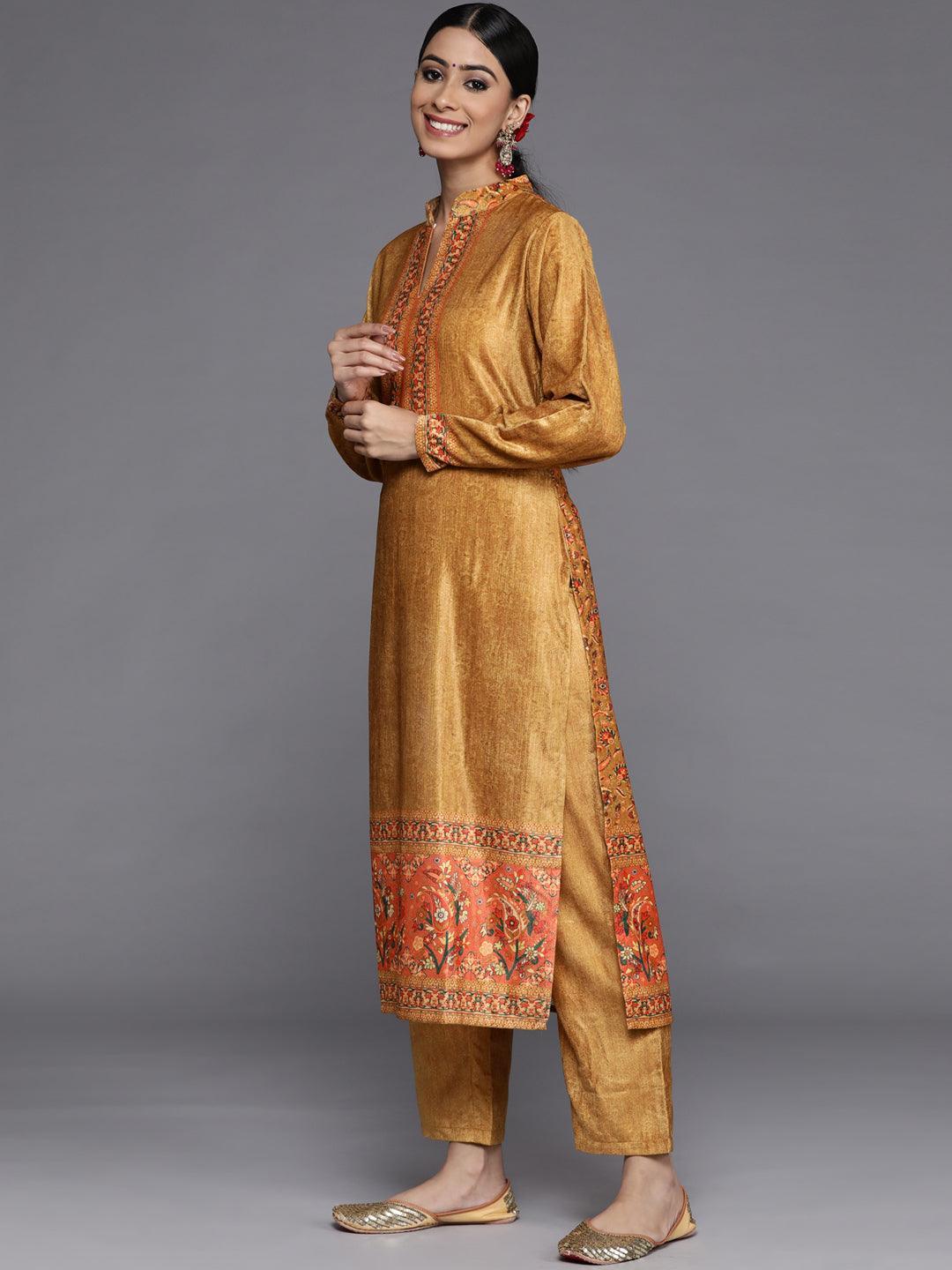 Mustard Printed Velvet Straight Kurta With Dupatta