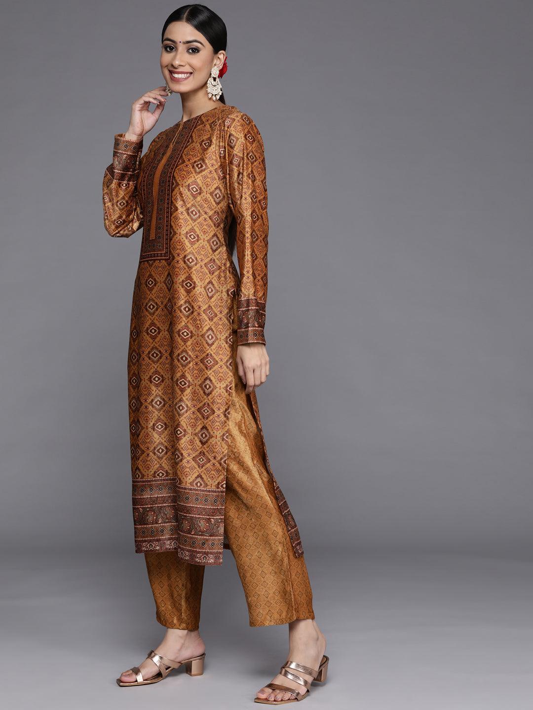 Mustard Printed Velvet Straight Kurta With Dupatta