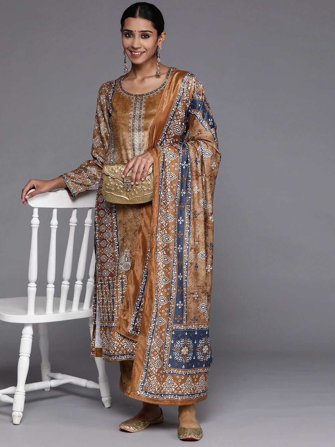 Mustard Printed Velvet Straight Kurta With Dupatta