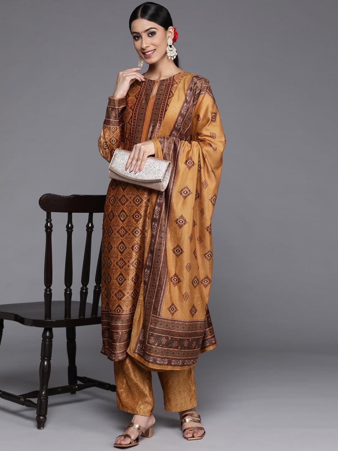 Mustard Printed Velvet Straight Kurta With Dupatta