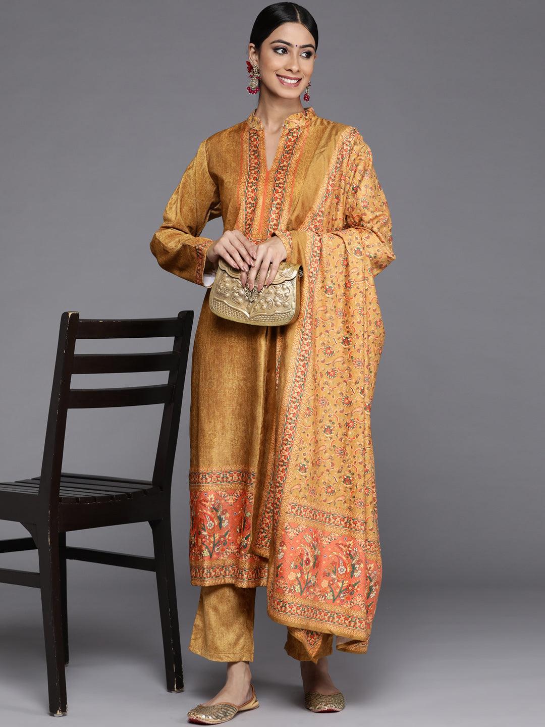 Mustard Printed Velvet Straight Kurta With Dupatta