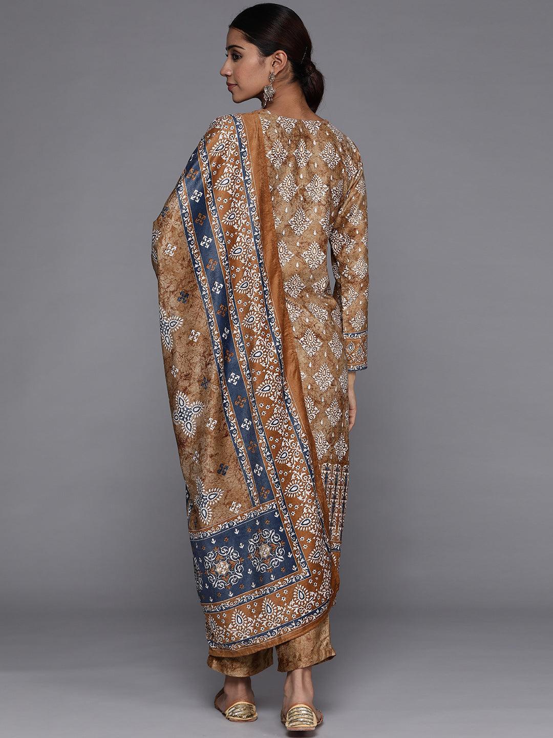 Mustard Printed Velvet Straight Kurta With Dupatta