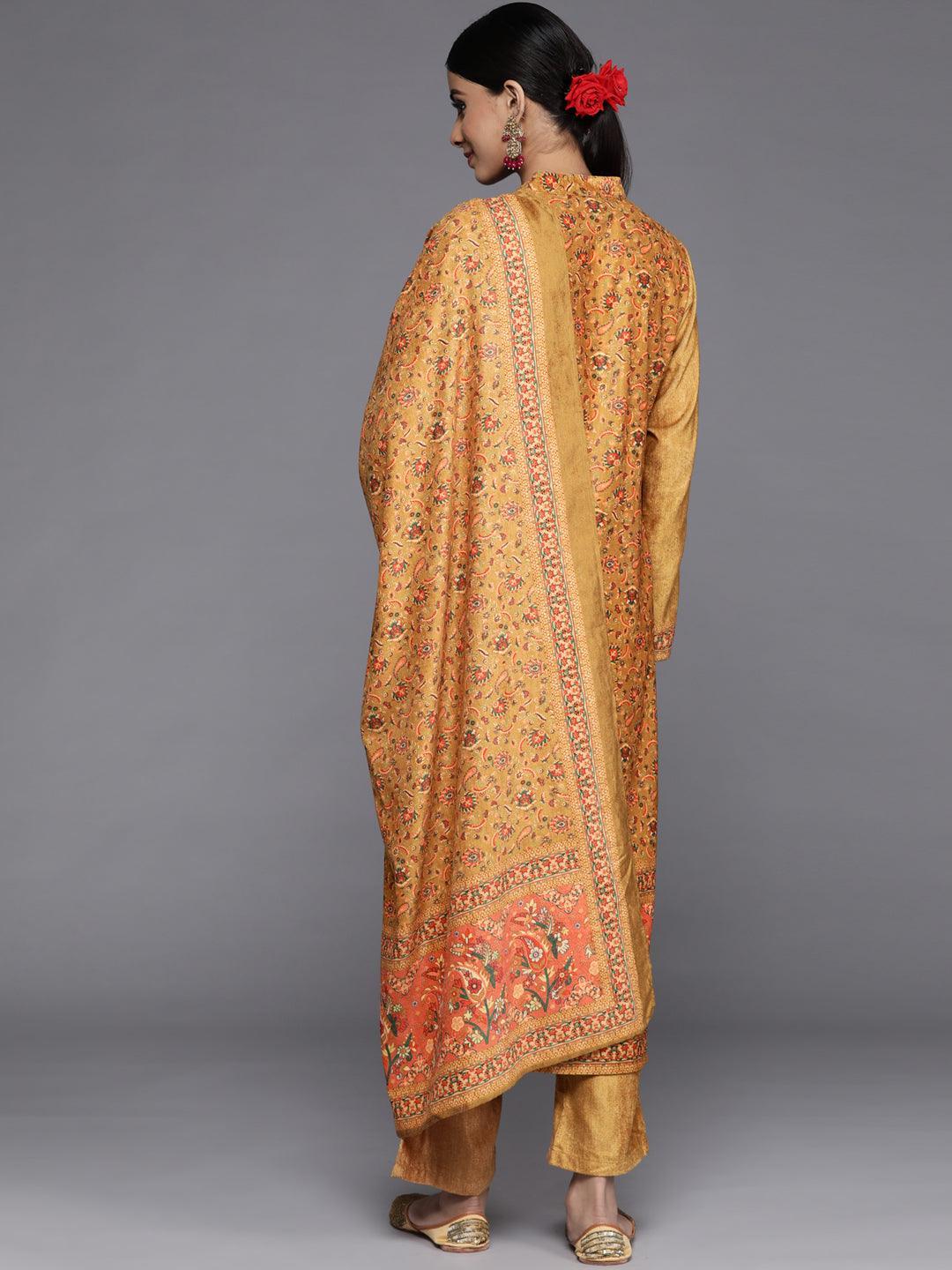 Mustard Printed Velvet Straight Kurta With Dupatta