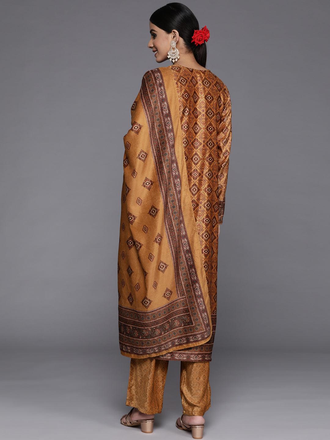 Mustard Printed Velvet Straight Kurta With Dupatta