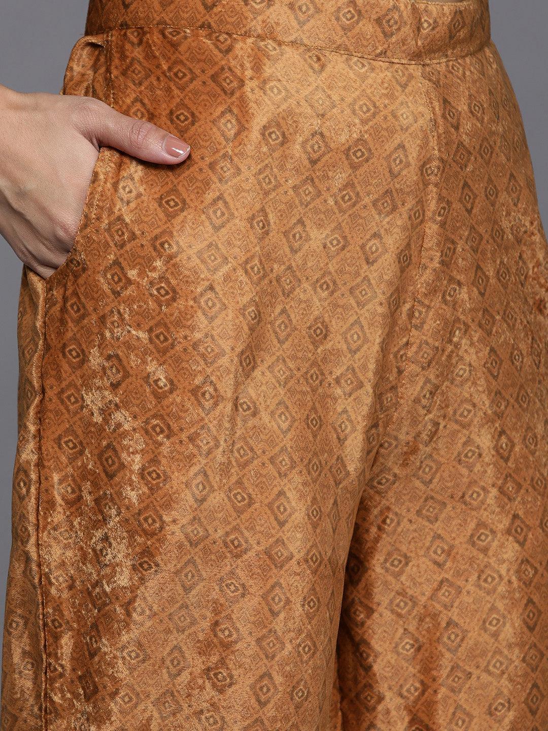 Mustard Printed Velvet Straight Kurta With Dupatta