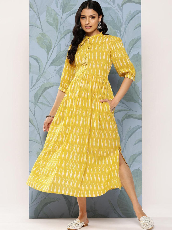 Mustard Self Design Cotton Fit and Flare Dress - Libas