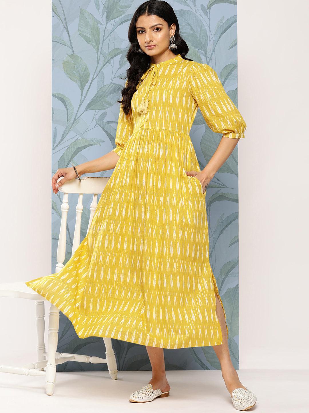 Mustard Self Design Cotton Fit and Flare Dress