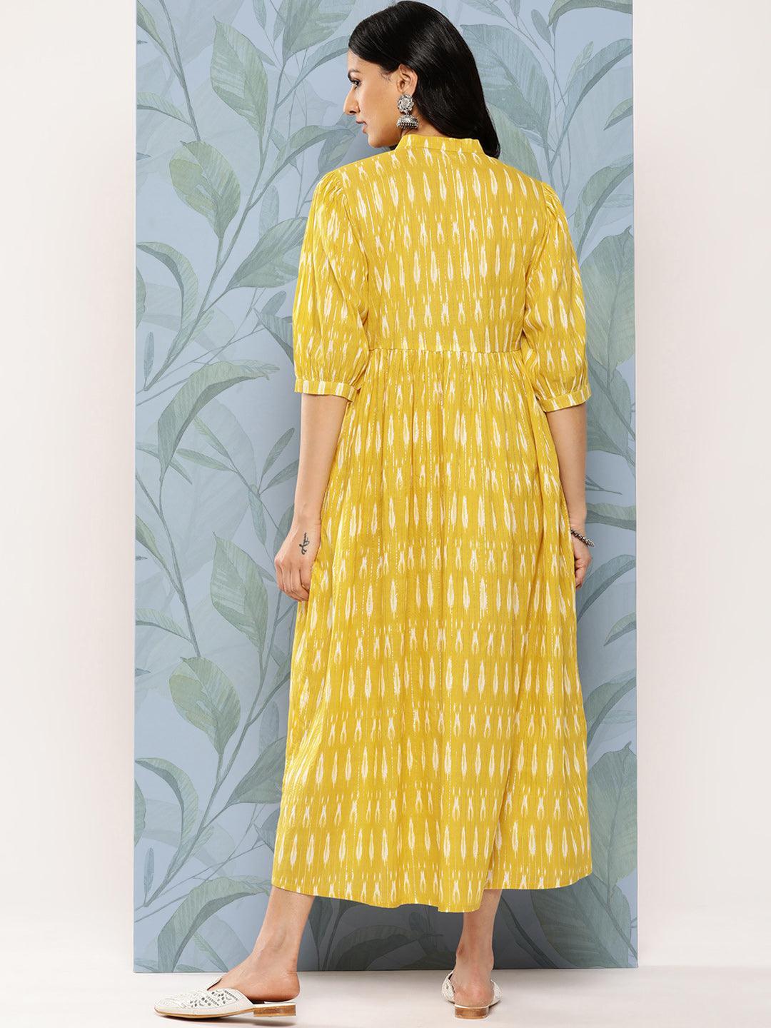 Mustard Self Design Cotton Fit and Flare Dress - Libas