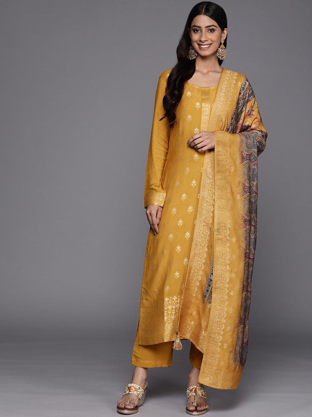 Mustard Self Design Pashmina Wool Straight Suit Set