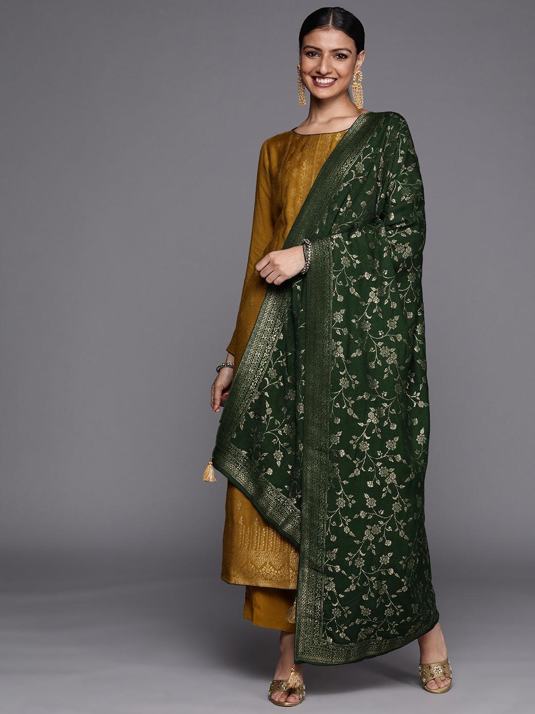 Mustard Self Design Pashmina Wool Straight Suit Set