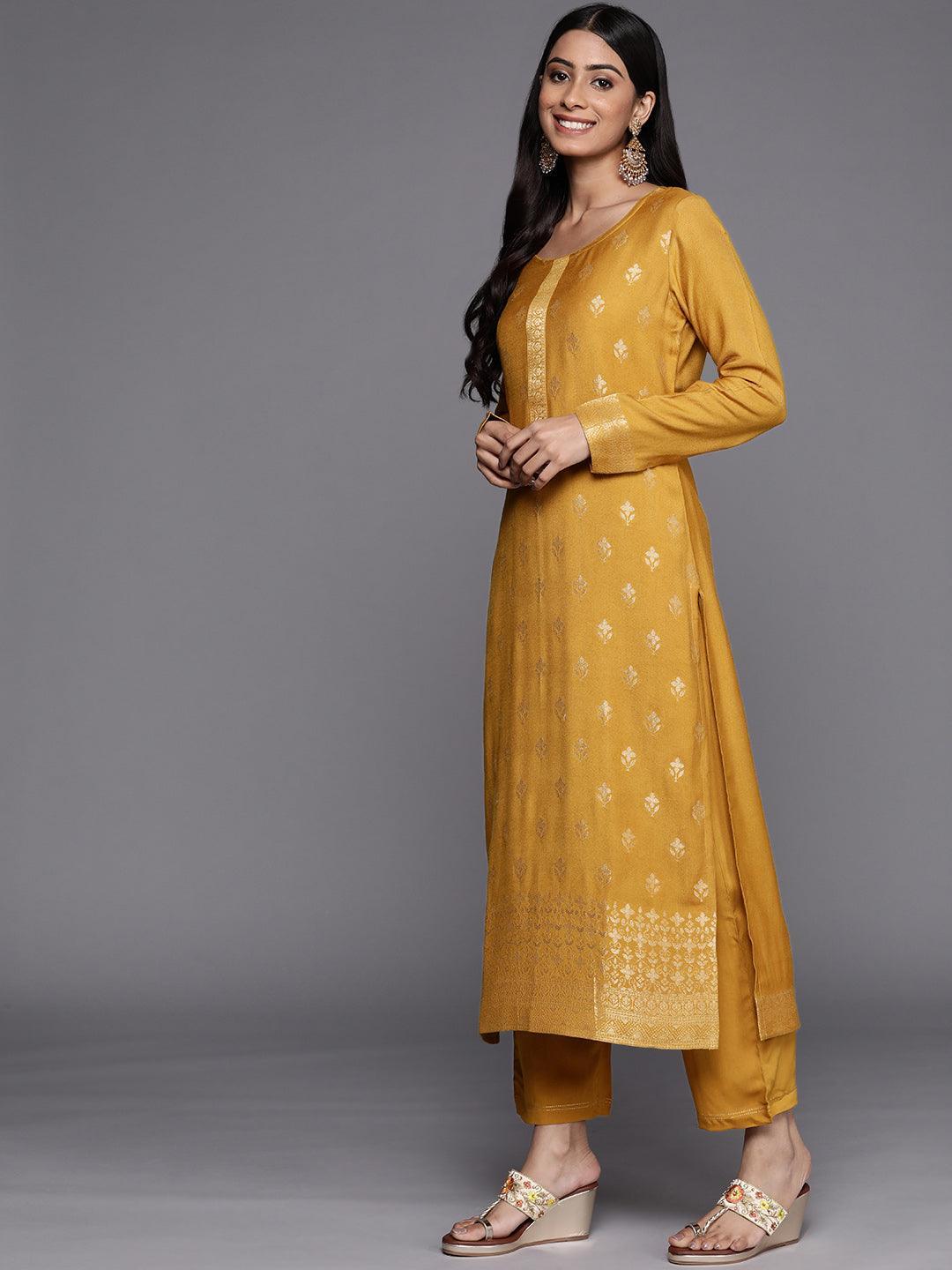 Mustard Self Design Pashmina Wool Straight Suit Set