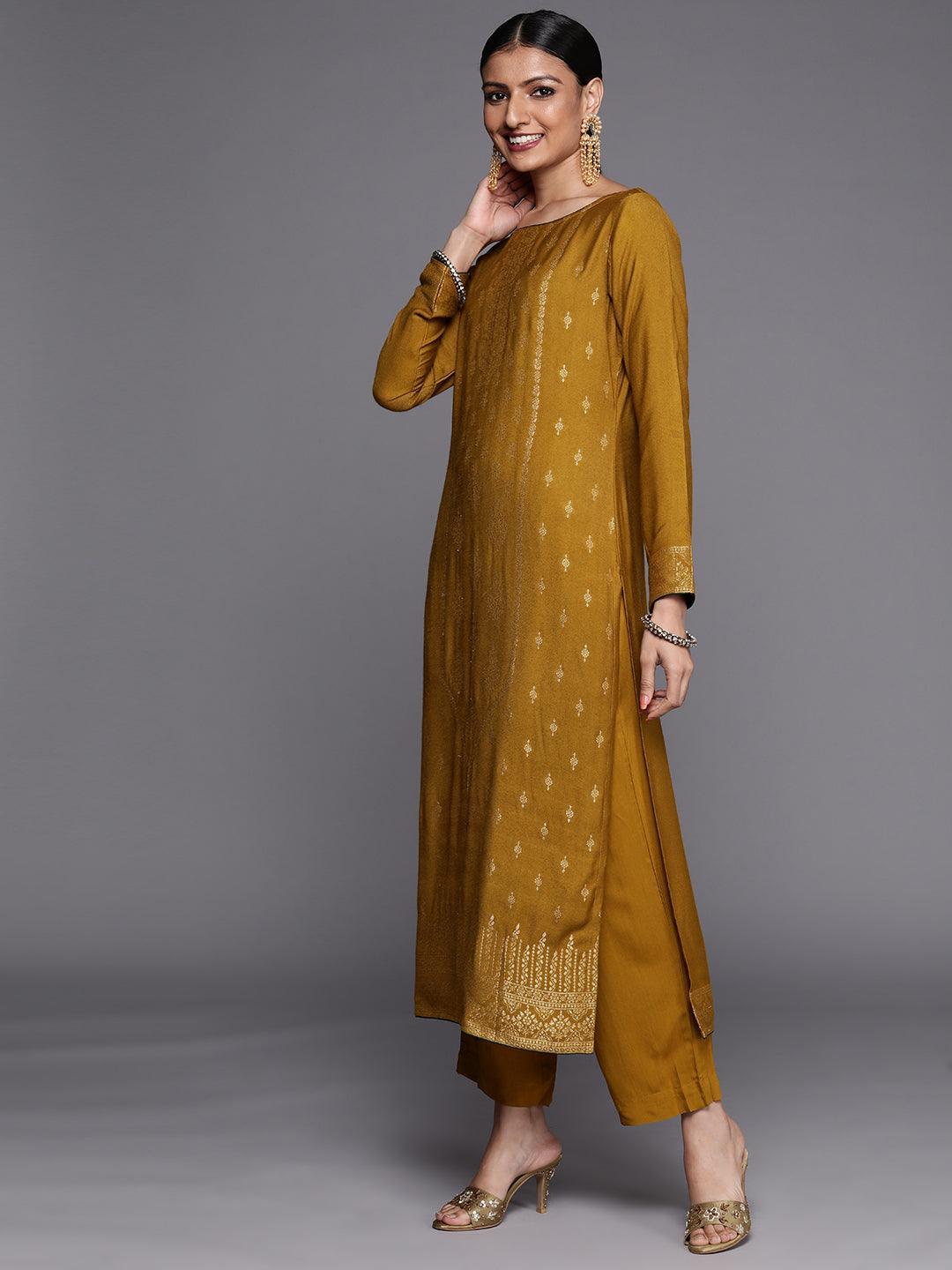 Mustard Self Design Pashmina Wool Straight Suit Set