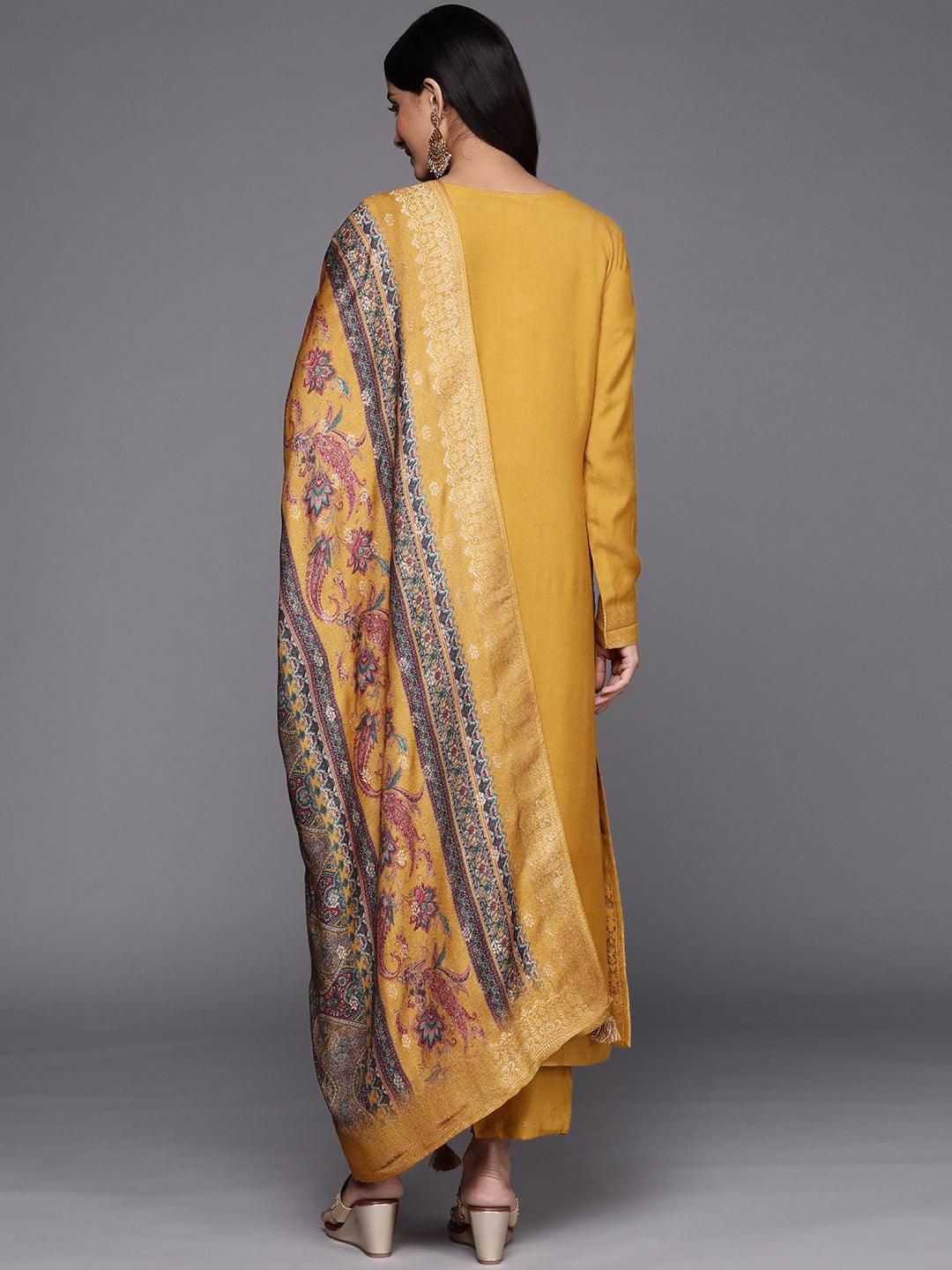 Mustard Self Design Pashmina Wool Straight Suit Set