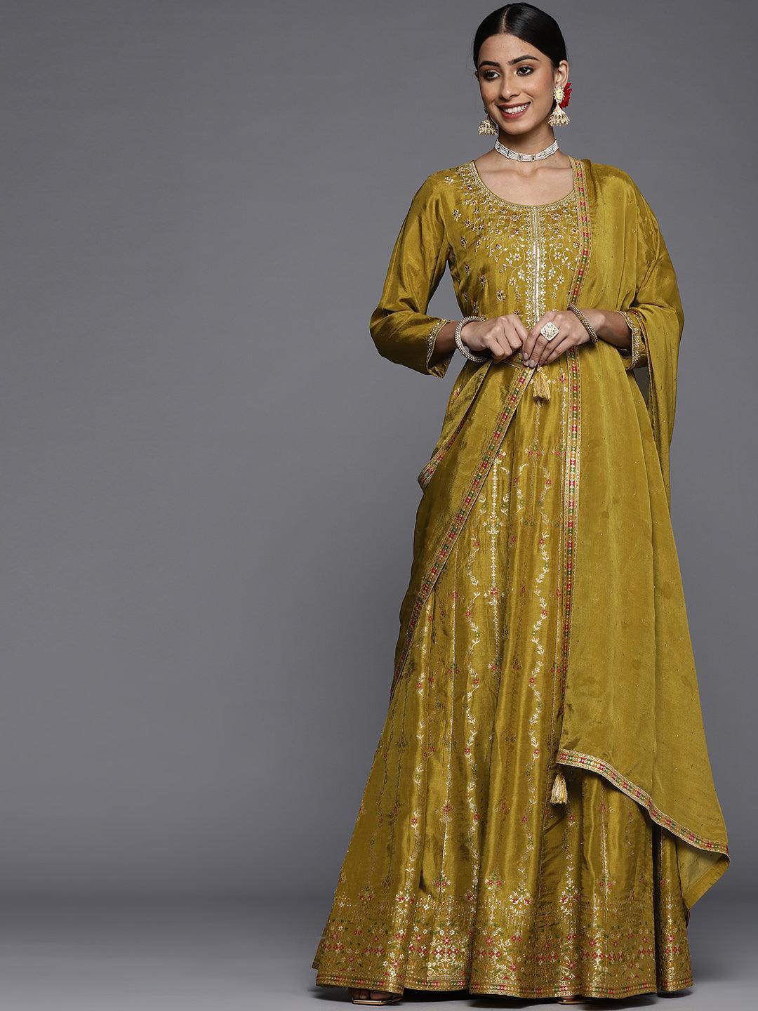 Mustard Self Design Silk Anarkali Suit Set - ShopLibas