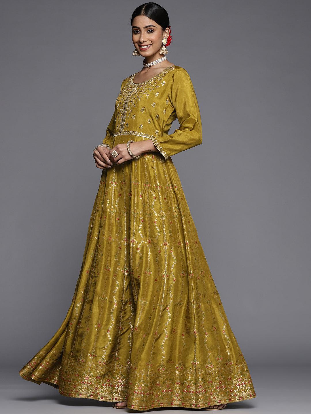 Mustard Self Design Silk Anarkali Suit Set