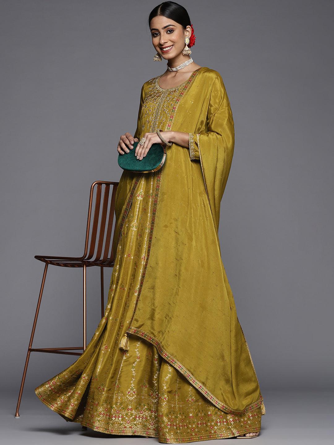 Mustard Self Design Silk Anarkali Suit Set