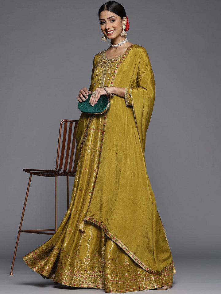 Mustard Self Design Silk Anarkali Suit Set - ShopLibas