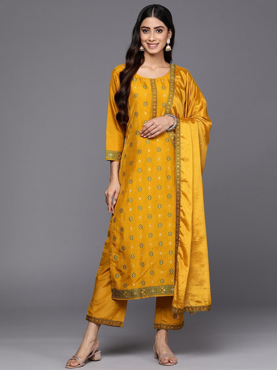 Mustard Self Design Silk Blend Straight Suit Set With Trousers