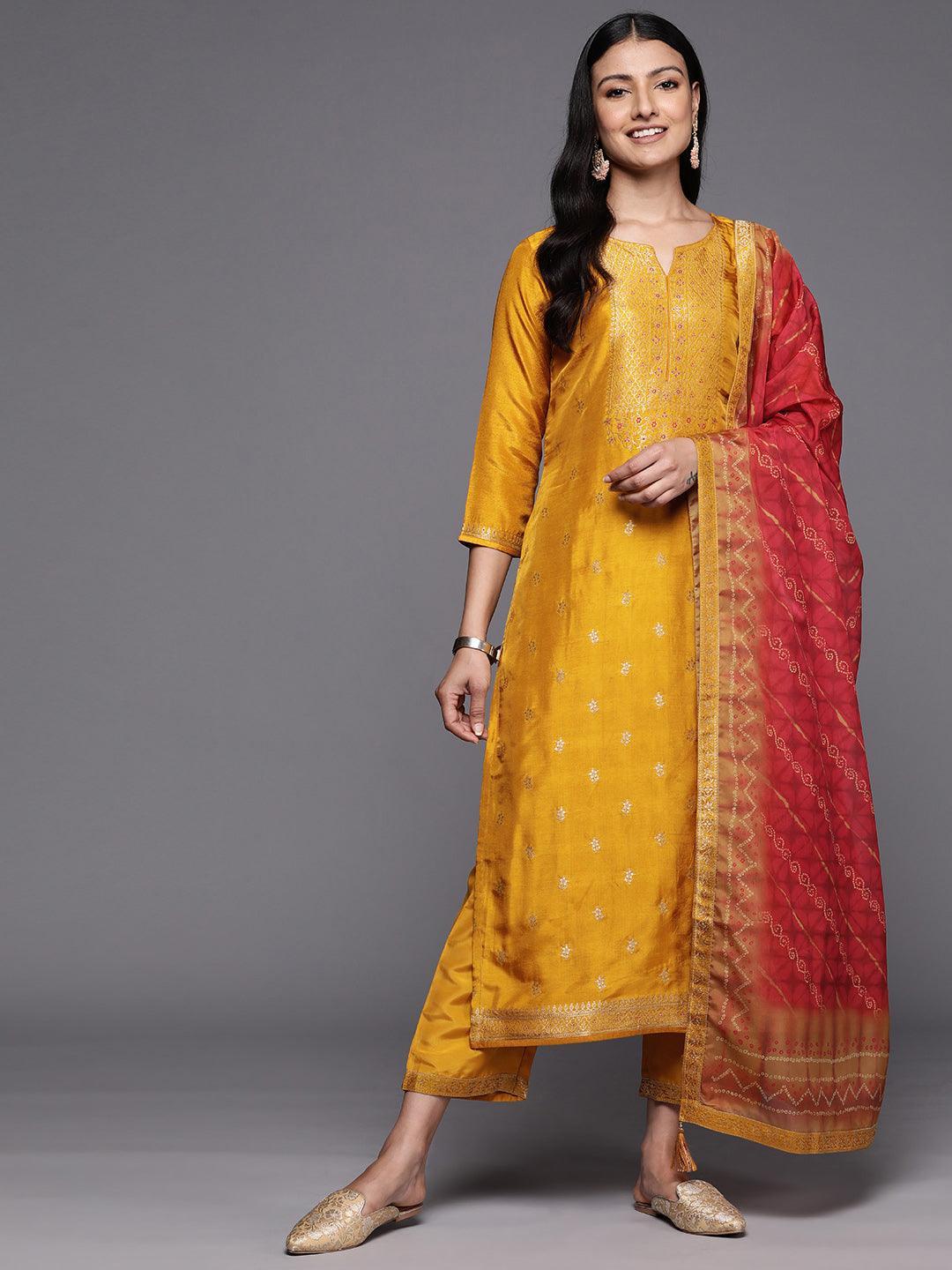 Mustard Self Design Silk Blend Straight Suit Set With Trousers