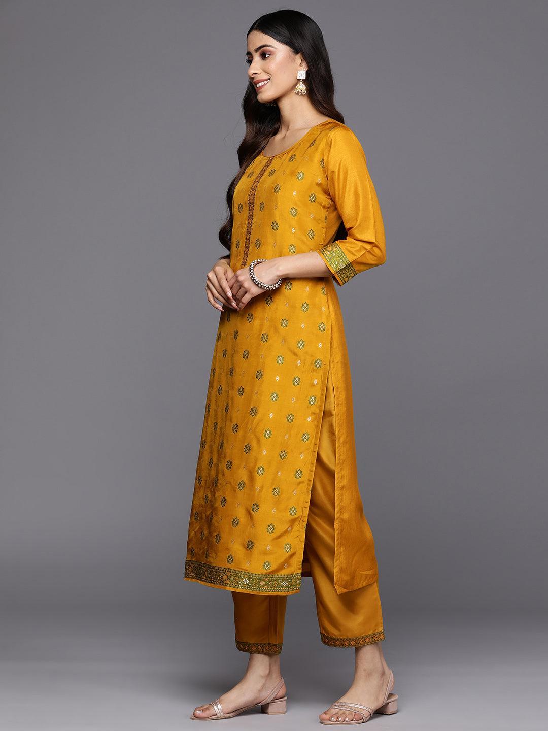 Mustard Self Design Silk Blend Straight Suit Set With Trousers