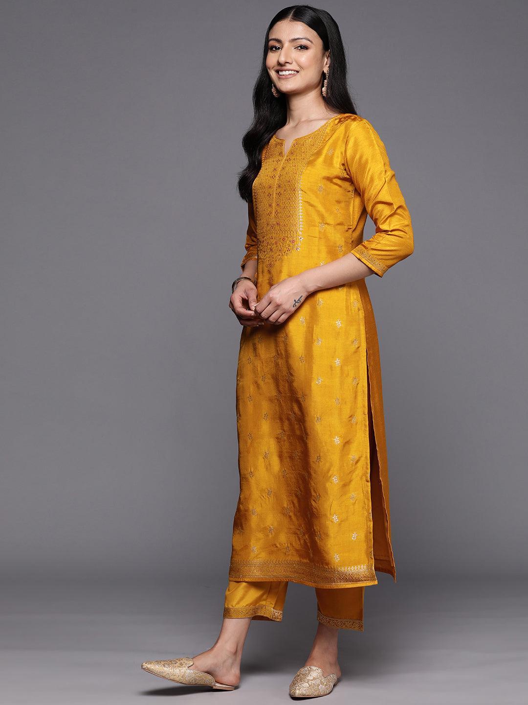 Mustard Self Design Silk Blend Straight Suit Set With Trousers