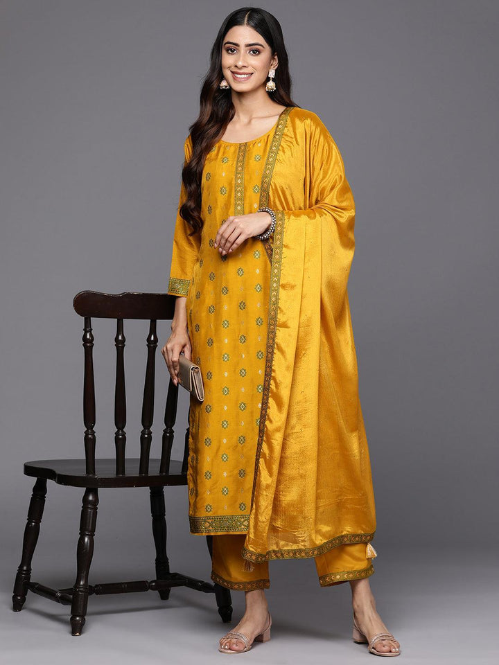 Mustard Self Design Silk Blend Straight Suit Set With Trousers - ShopLibas