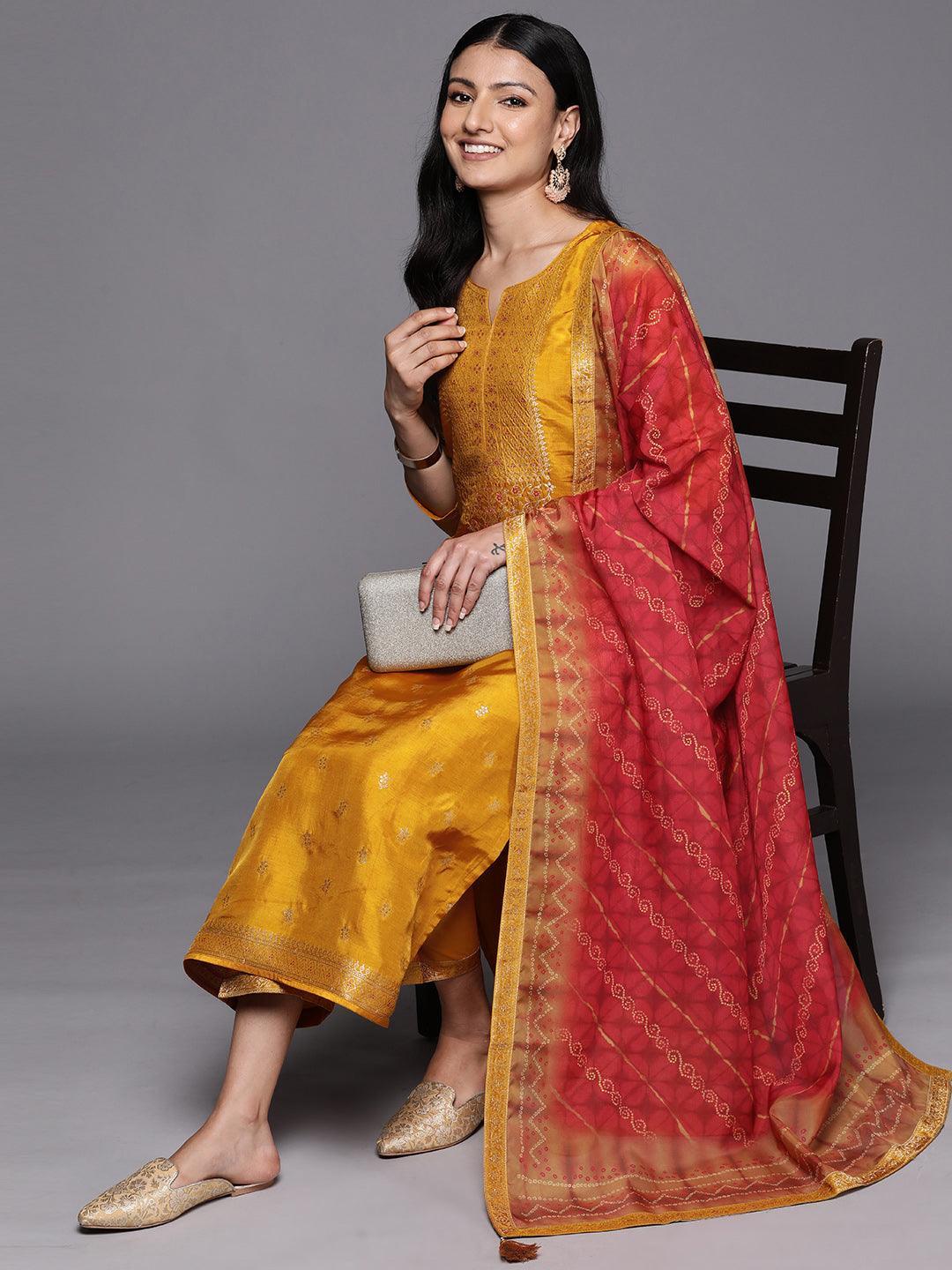 Mustard Self Design Silk Blend Straight Suit Set With Trousers