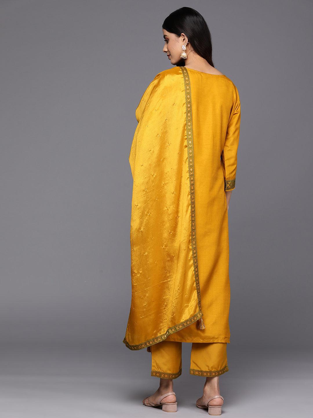 Mustard Self Design Silk Blend Straight Suit Set With Trousers