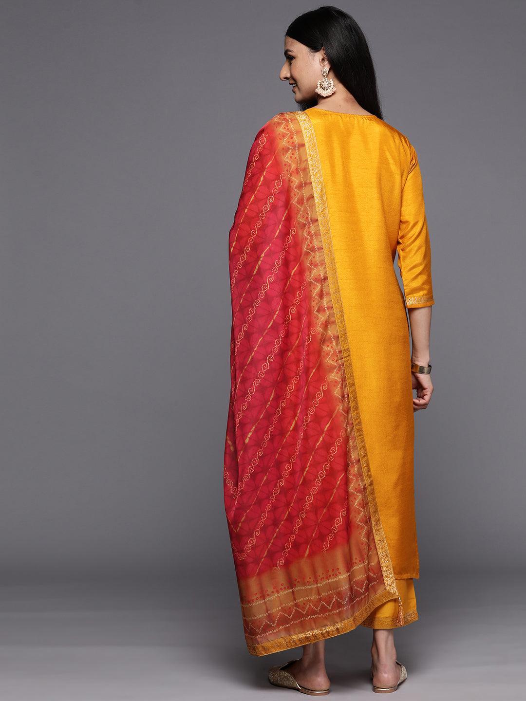 Mustard Self Design Silk Blend Straight Suit Set With Trousers