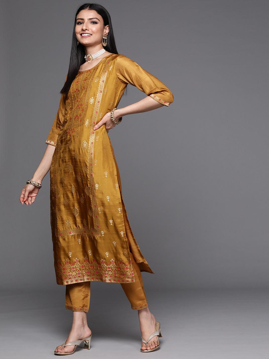 Mustard Self Design Silk Suit Set