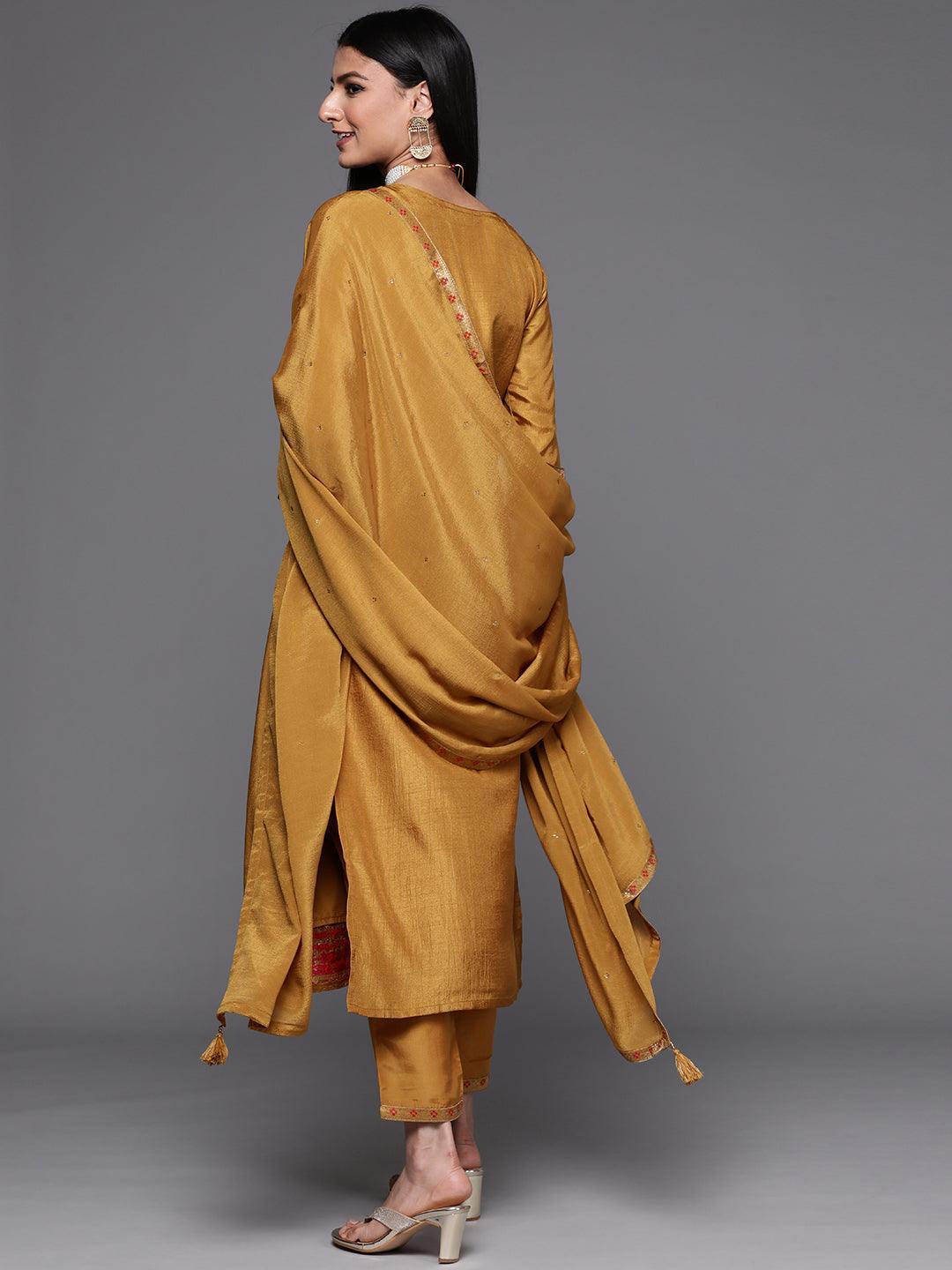 Mustard Self Design Silk Suit Set