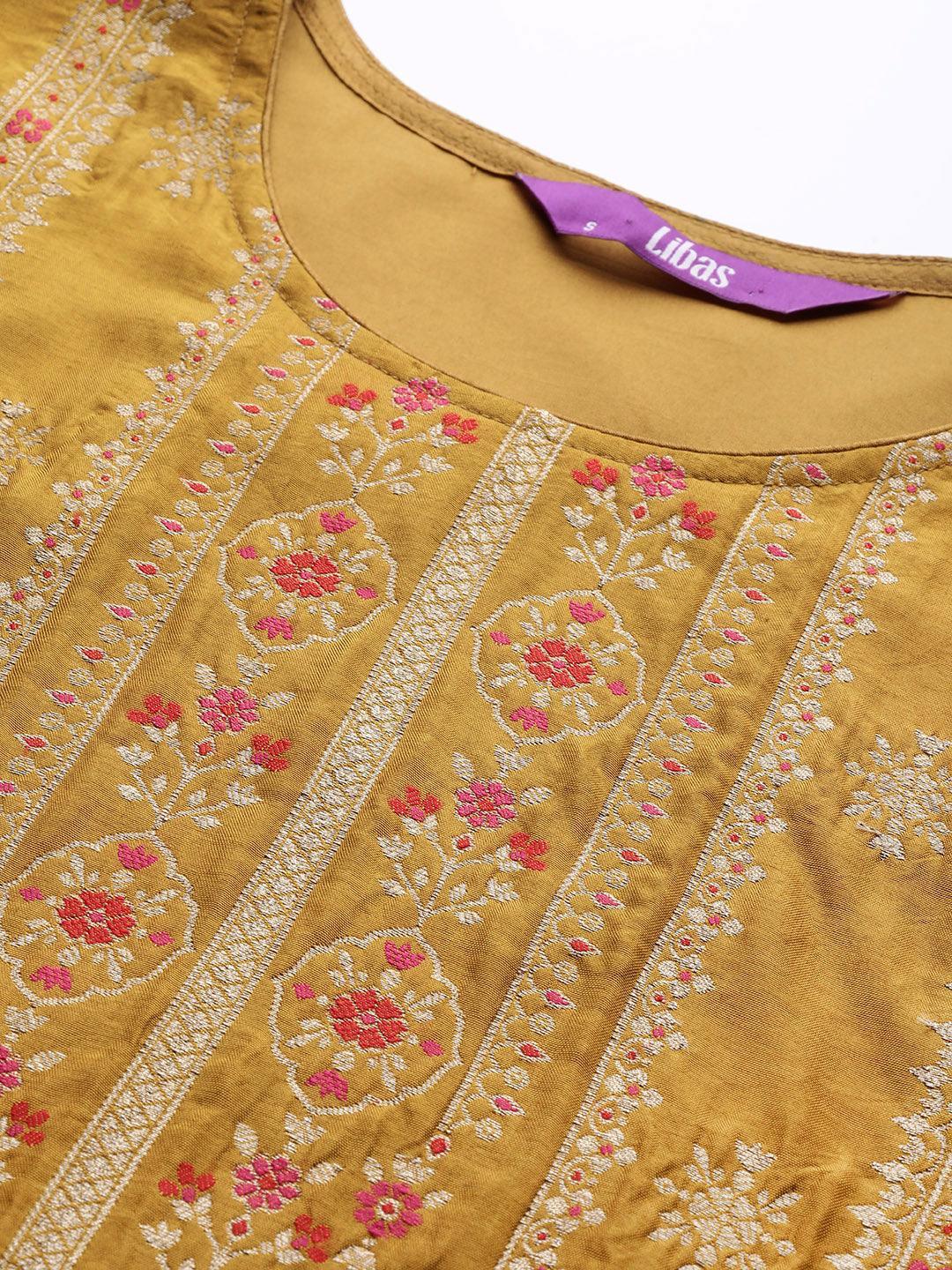 Mustard Self Design Silk Suit Set