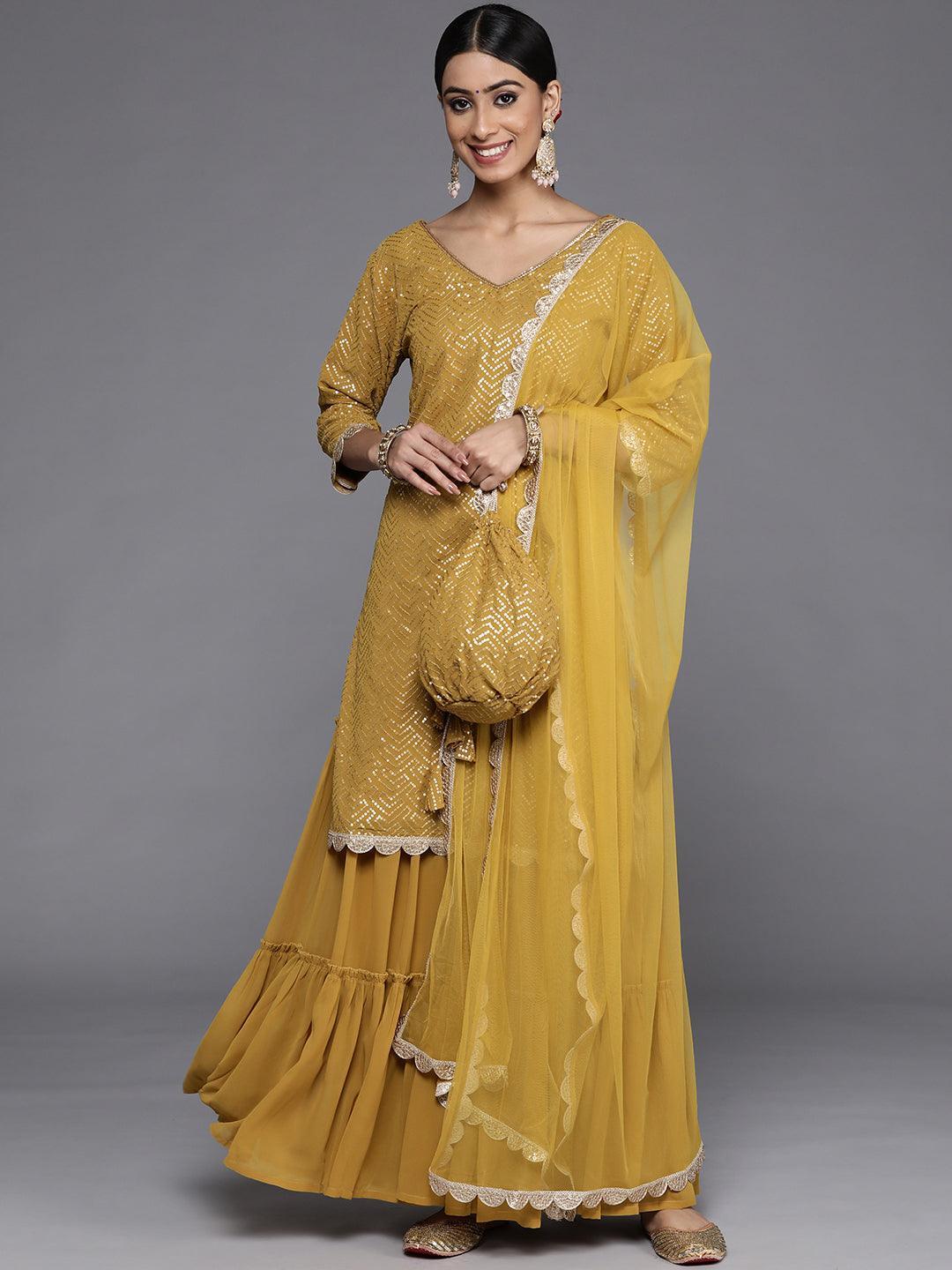 Mustard Sequinned Georgette Straight Kurta With Sharara & Dupatta