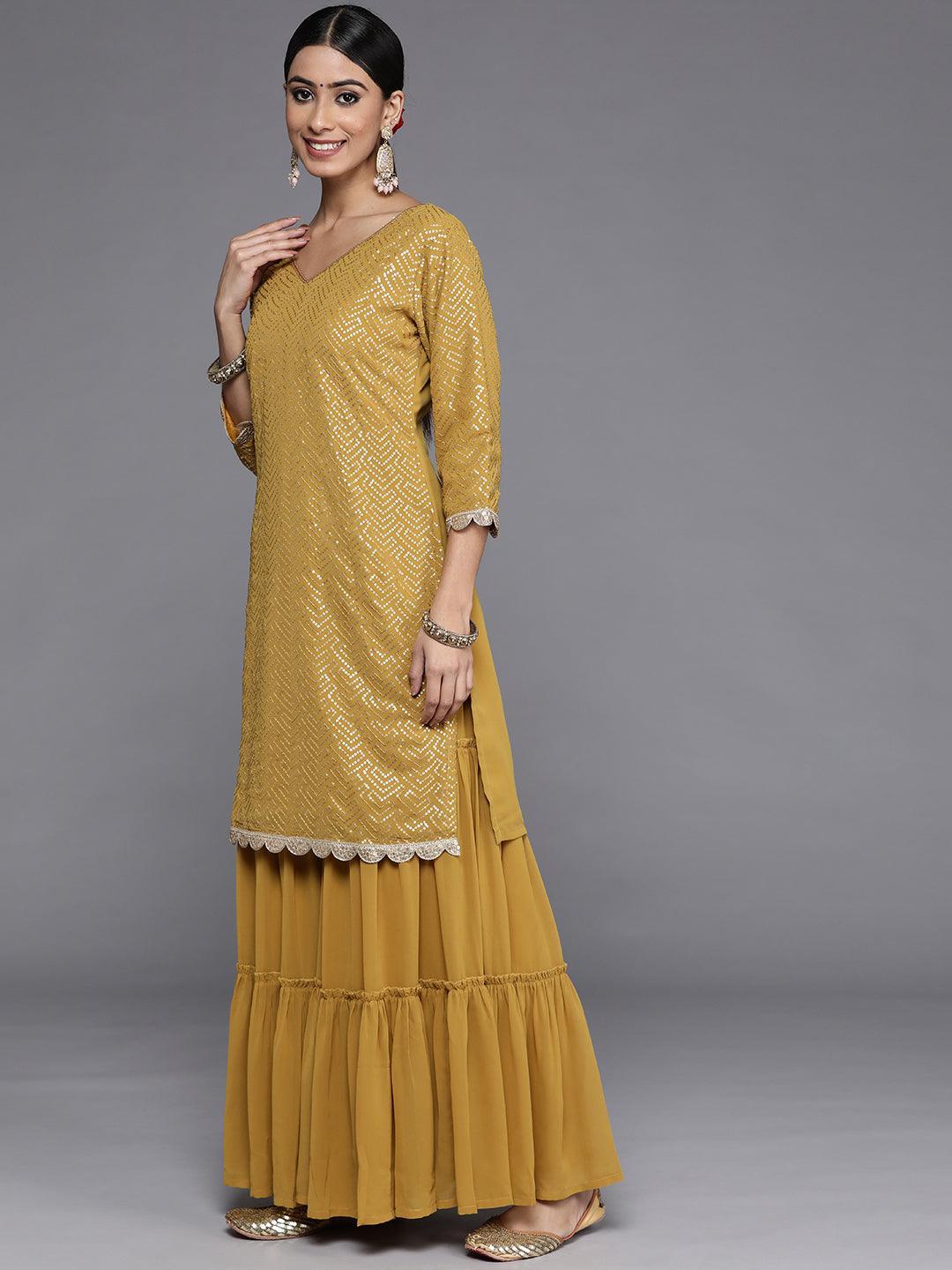 Mustard Sequinned Georgette Straight Kurta With Sharara & Dupatta