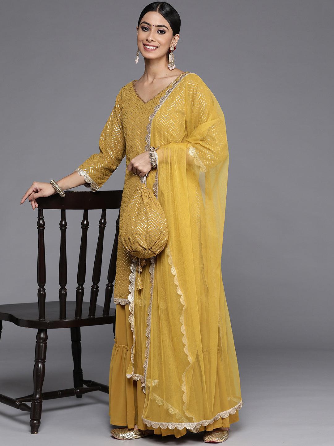 Mustard Sequinned Georgette Straight Kurta With Sharara & Dupatta